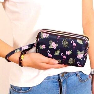 Flamingo Palm Leaf Print Wristlet Tropical Pouch Multi-Zipper Clutch Organizer
